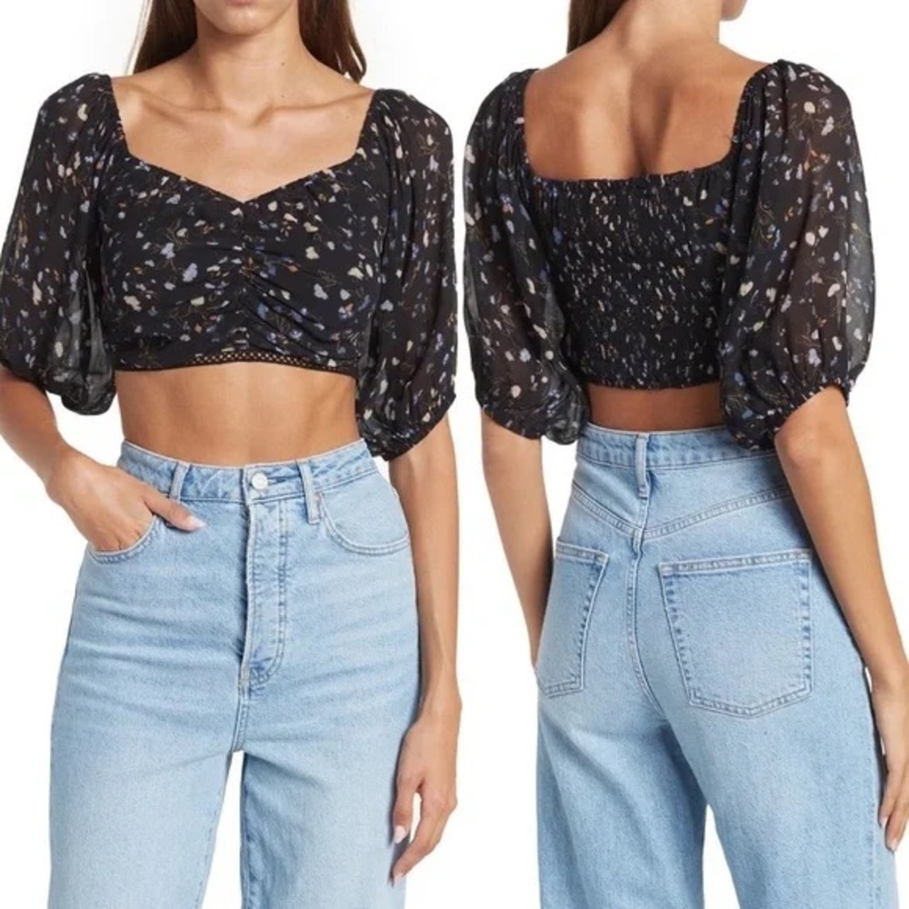 ba&sh Black Floral Puff Sleeve Blouse